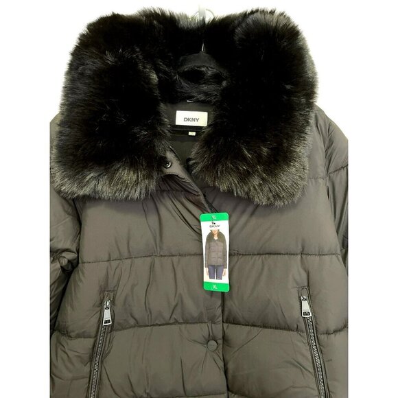 DKNY Black Down Puffer Jacket Faux Fur Winter Coat Sz XL NWT - Picture 5 of 7